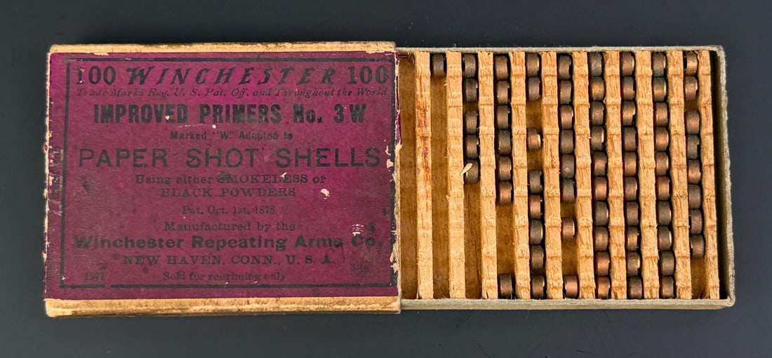 Winchester Primers No. 3W Paper Shot Shells: Nice example. Shipping to Continental US only, no shipments or sales to Alaska or Hawaii.