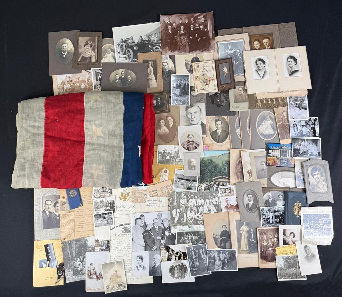 44 Star Flag Spanish American War Hiram Hampton: 18 items of ephemera, 78 photos, 1 medal, 1 flag. Flag measures at 80" by 136". Some holes and discoloration throughout as shown. A native of Miller, Missouri, Hampton served with Troop M, 2nd US