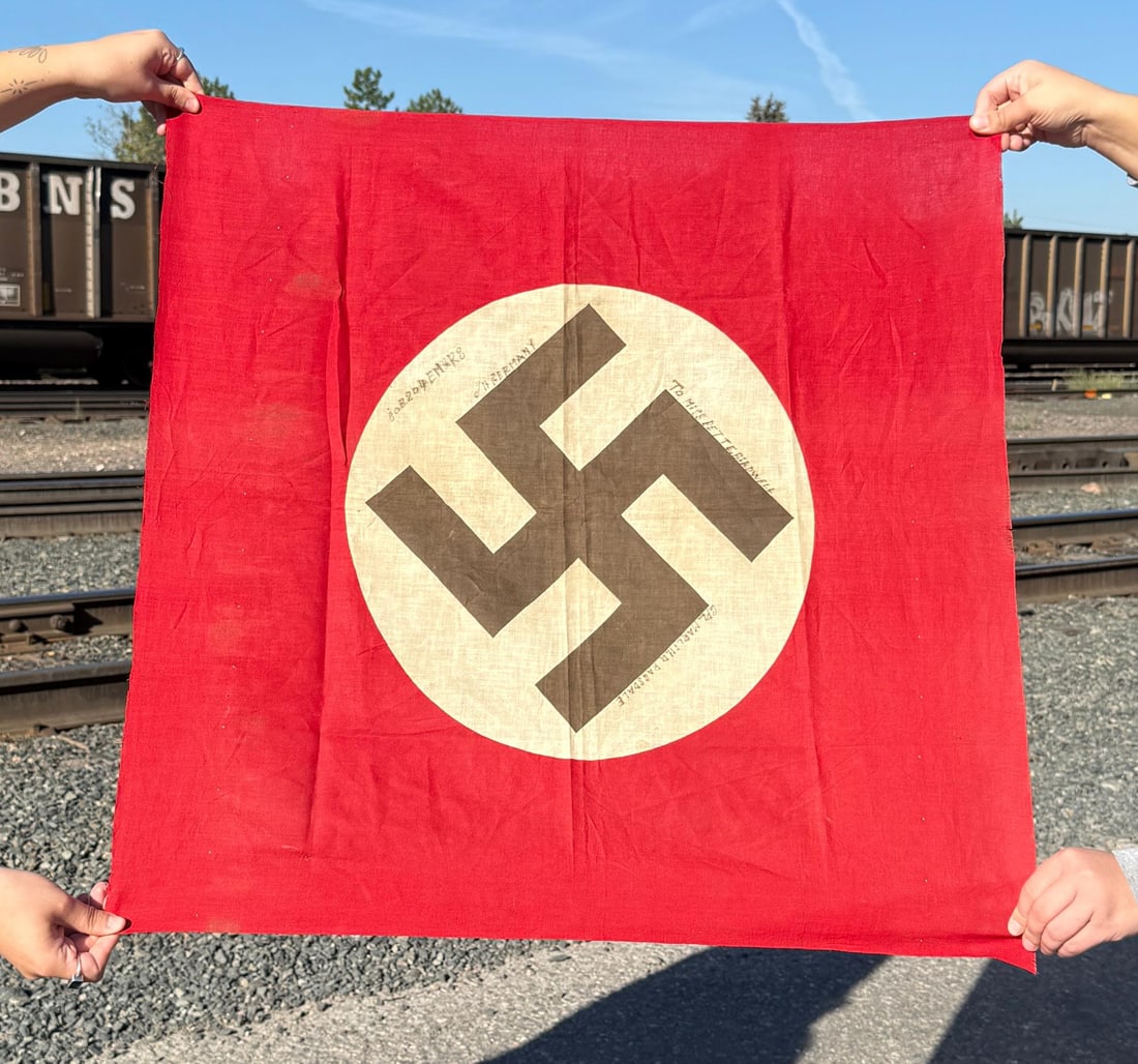 WW2 Battle Captured German NSDAP Banner Flag: 31 1/2" by 31 1/2". Hand signed by a Corporal Marlin D. Ragsdale and addressed to a Miss Bette Birdwell.