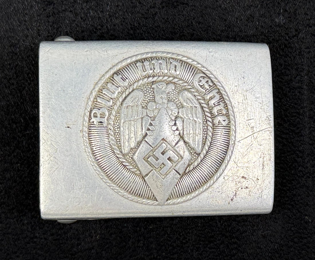 Named WW2 German HJ Hitler Youth Belt Buckle: Oberfeldwebel Wehrmacht name inscription on inside of buckle. 2" by 2 1/2". Wilhelm Schroder & Co m4/46 mark.