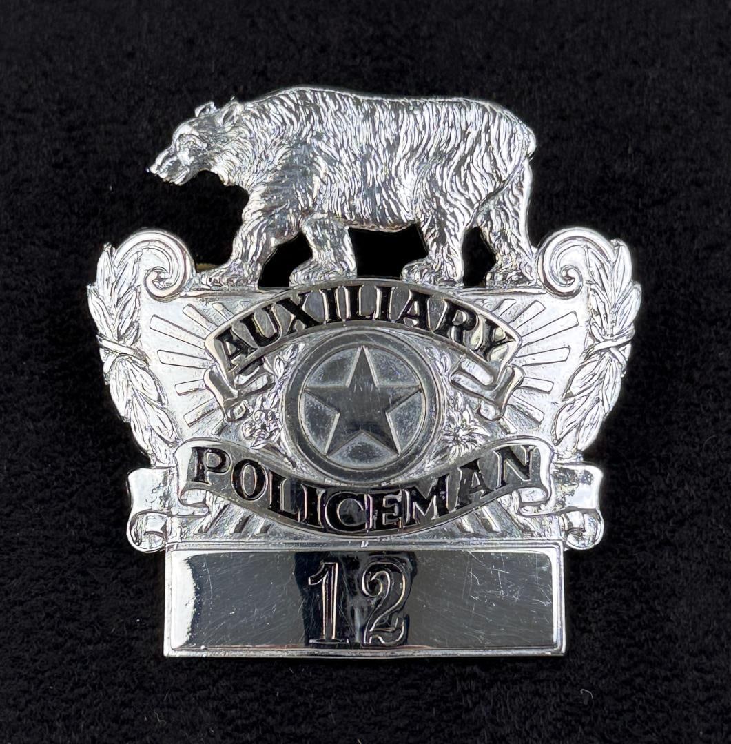 California Auxiliary Policeman Police Hat Badge: 2 1/4" by 2 3/8".