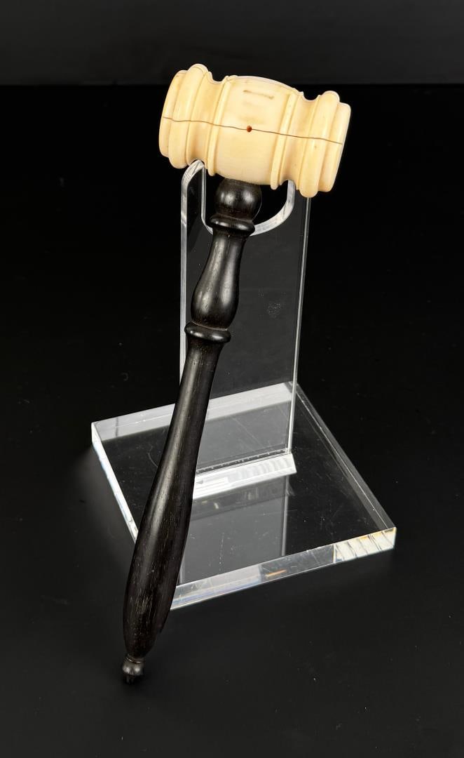 Sailor Made Ebony Whale Tooth Scrimshaw Gavel: 9" long.