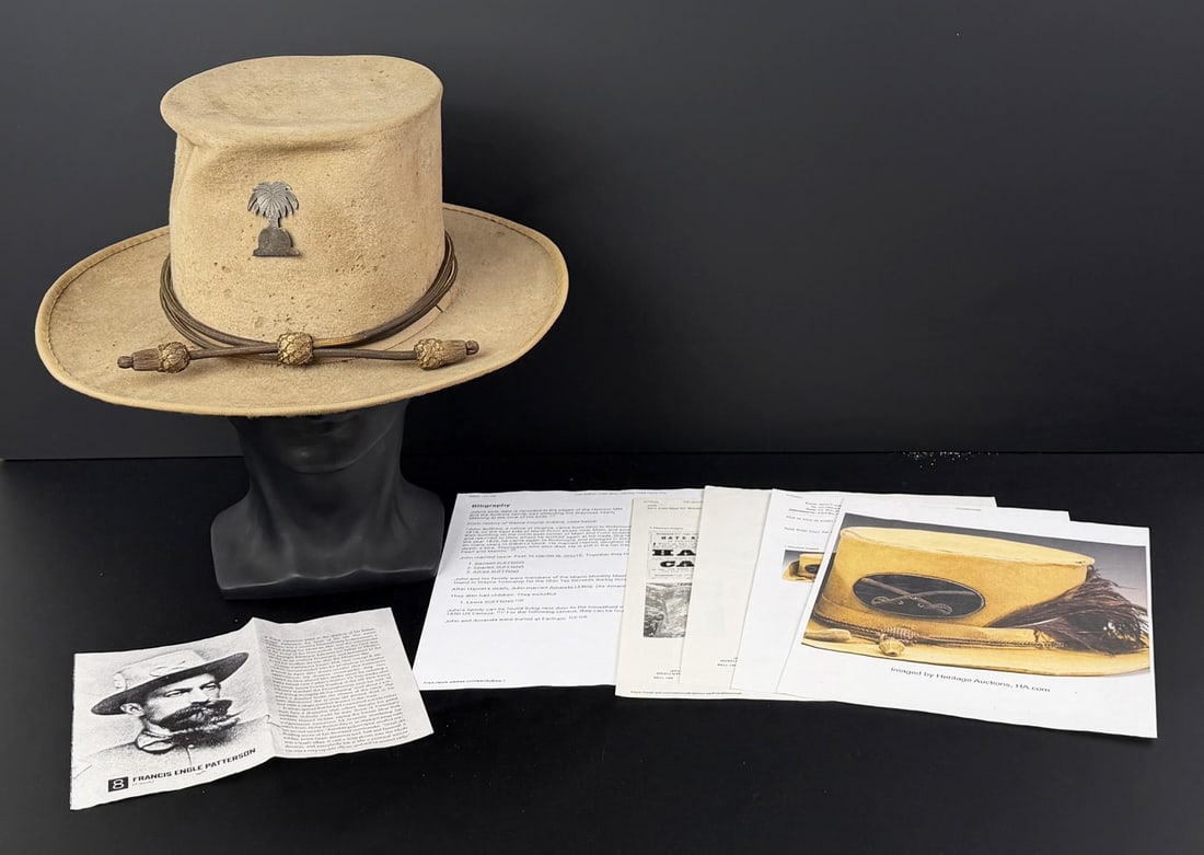 Civil War Confederate South Carolina Hardee Hat: 1775 South Carolina Palmetto pin made from coin silver. The name Bowman is handwritten on a tag in the inside of the hat. Hat size 6 5/8.
