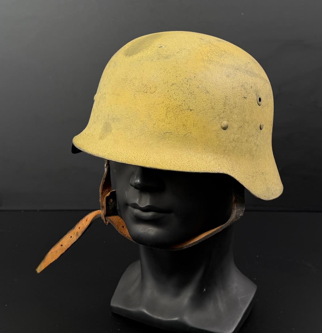 WW2 Desert Painted M1942 Spanish Z42 Helmet: Nice example with liner. Painted and textured as desert camouflage.