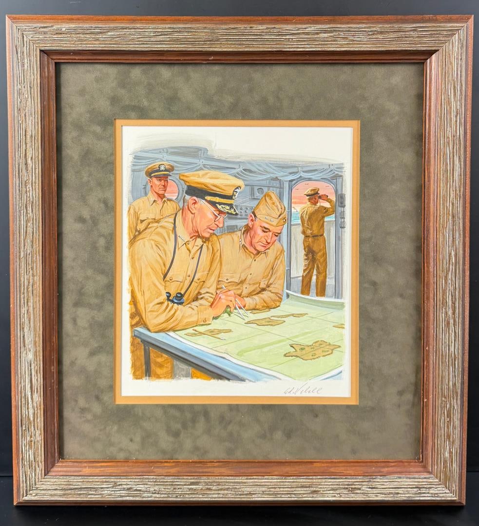 Edward Vebell WW2 Naval Strategy Painting: Title is WW2 Naval Strategy Planning. 10" by 12" unframed, 19 1/2" by 21" framed. Watercolor on paper. Edward T. Vebell (1921 - 2018) was active/lived in Illinois. Edward Vebell is known for Illustrat