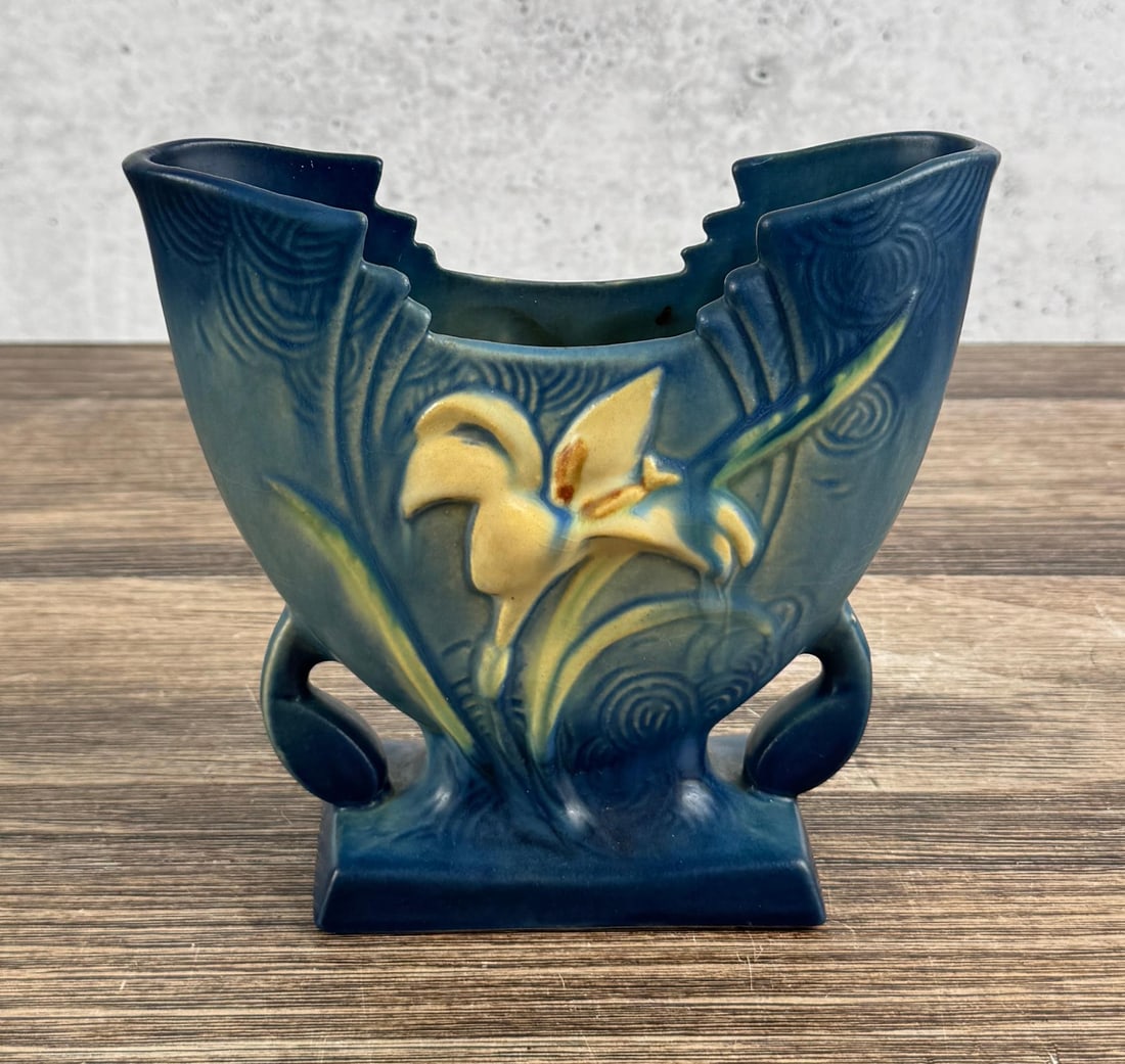 Roseville Pottery 205-6 Zephyr Lily Fan Vase: 2 3/8" by 6 1/4" by 6 7/8".