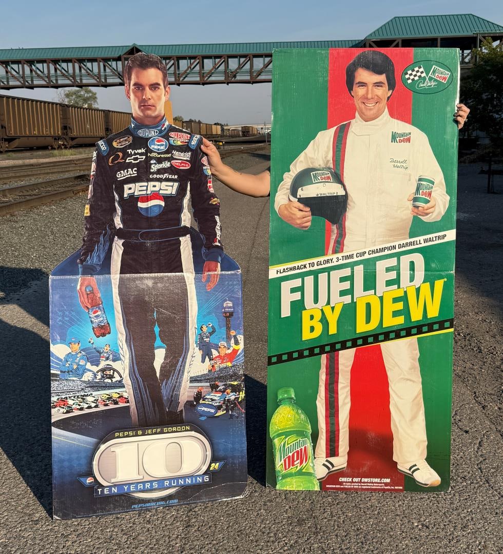 Nascar Driver Soda Advertising Cardboard Cutouts: Life Size cutouts of Darrel Waltrip for Mountain Dew and Jeff Gordon for Pepsi. The Darrel Waltrip one is just under 72" tall.