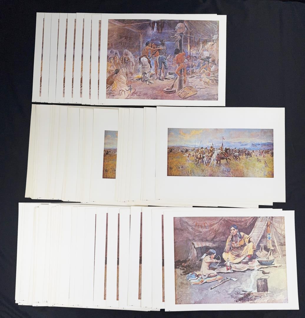 Large Group of Charles M Russell Montana Prints: 44 copies of Inside the Lodge, 34 copies of Lewis and Clark Meeting Indians at Ross' Hole, and 9 copies of York. Prints are all 25" by 18 1/2".
