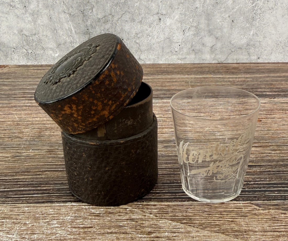 Montreal Malt Rye Whiskey Shot Glass: Pre Prohibition Glass from Louisville, Kentucky. Sold with accompanying carrying case.