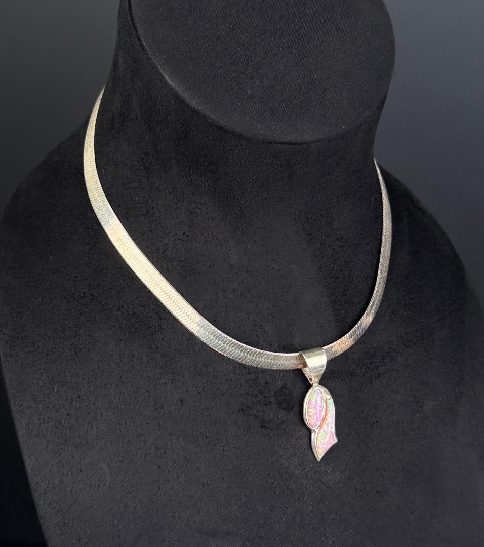 Jay King Sterling Silver Pink Opal Necklace: Nice Herringbone pattern chain. 8" Long as displayed. 25.37 grams total.