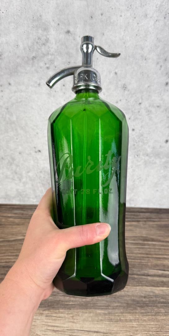 Purity Livingston Montana Seltzer Bottle: 3 7/8" by 4" by 12 1/8".