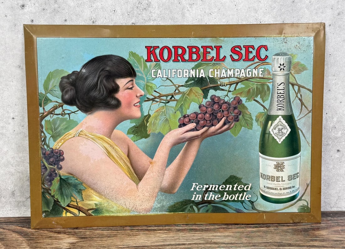 1910s Korbel Sec California Champagne Tin Sign: 13" by 19".