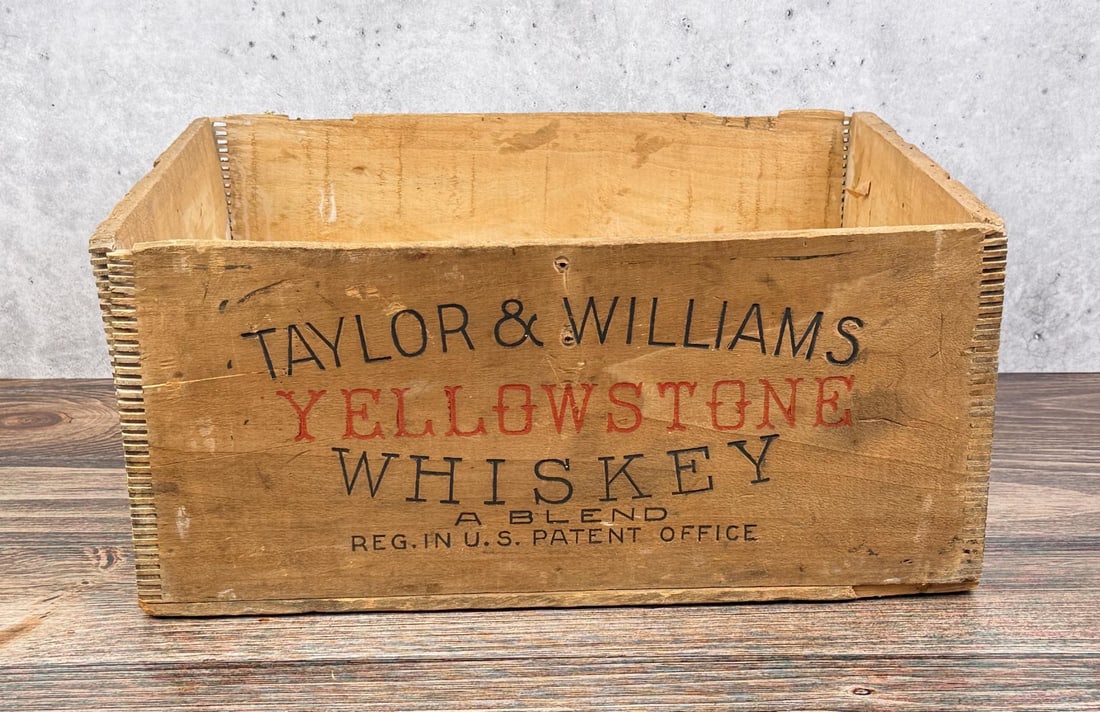 Taylor & Williams Yellowstone Wood Whiskey Crate: 8 7/8" by 15 7/8" by 19 7/8". Louisville, Kentucky.