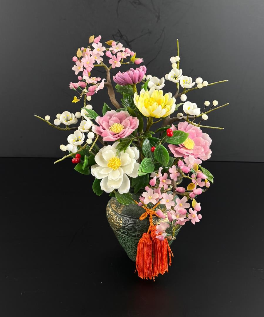 Chinese Peking Glass Jade Flower Arrangement: 12 1/4" by 10" by 7"