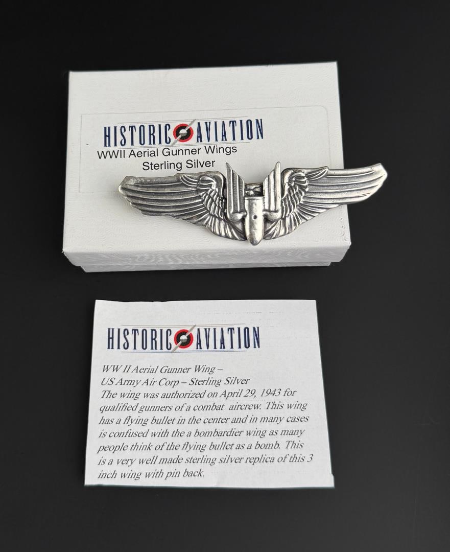 Historic Aviation Sterling Silver Gunner Wing: 3" long. 19.52 grams.