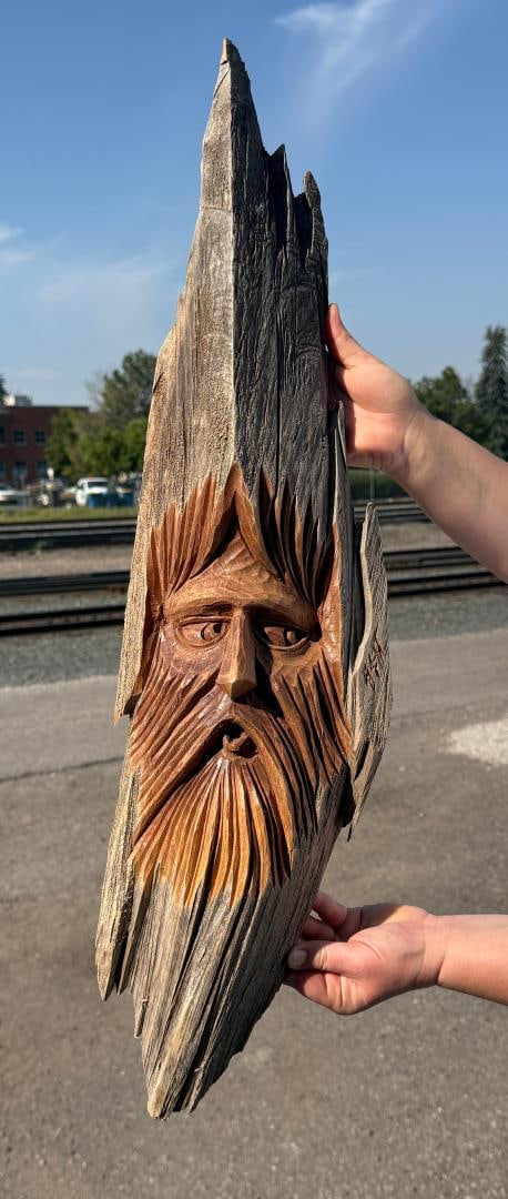 Montana Cottonwood Carving Indian Man: 30 1/2" by 8" by 3 1/4".