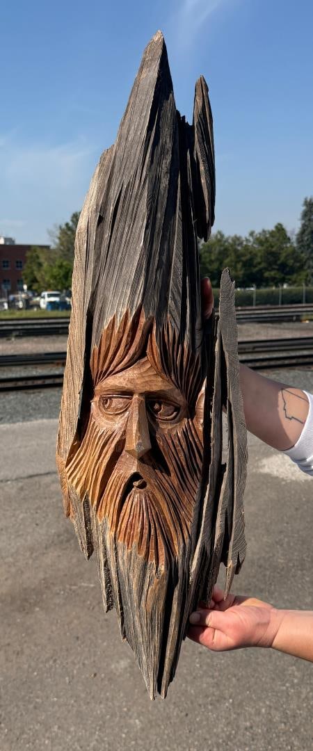 Montana Cottonwood Carving Indian Man: Nice example. Measures 34" by 10" by 3 1/2"