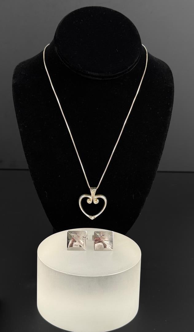 Sterling Silver Heart Necklace & Cufflinks: 18.96 grams.