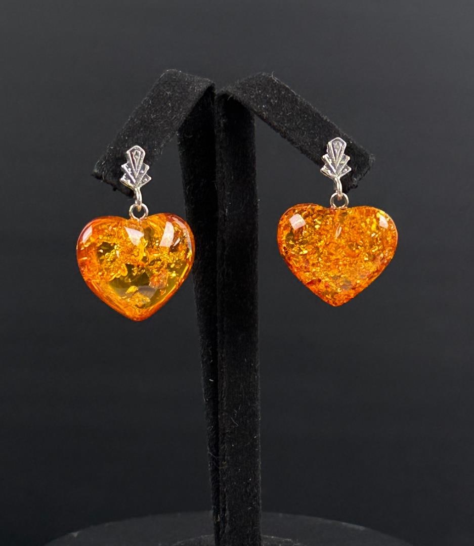 Sterling Silver Baltic Amber Heart Earrings: 3/4" by 1". 5.03 grams.