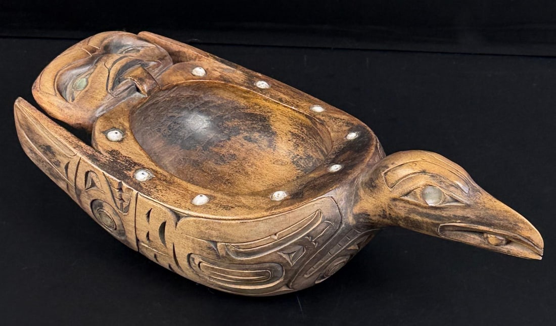 Rich Lavalle Tlingit Northwest Coast Grease Bowl: 12 1/8" by 5 5/8" by 3 3/4". Rich Lavalle adopted Tlingit. Second half of the 20th Century.