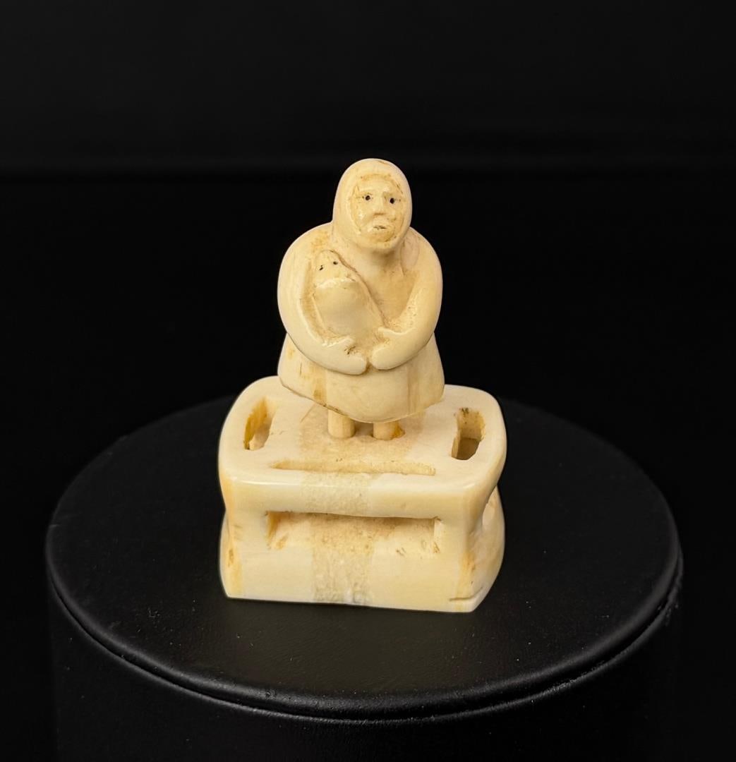 Alaskan Inuit Eskimo Carved Ivory Decoration: May have been a basket finial or weight of some sort. 2" by 1 1/2" by 1". This item cannot be shipped to Oregon, California, Hawaii, New York, New Jersey, Internationally, or any other state that