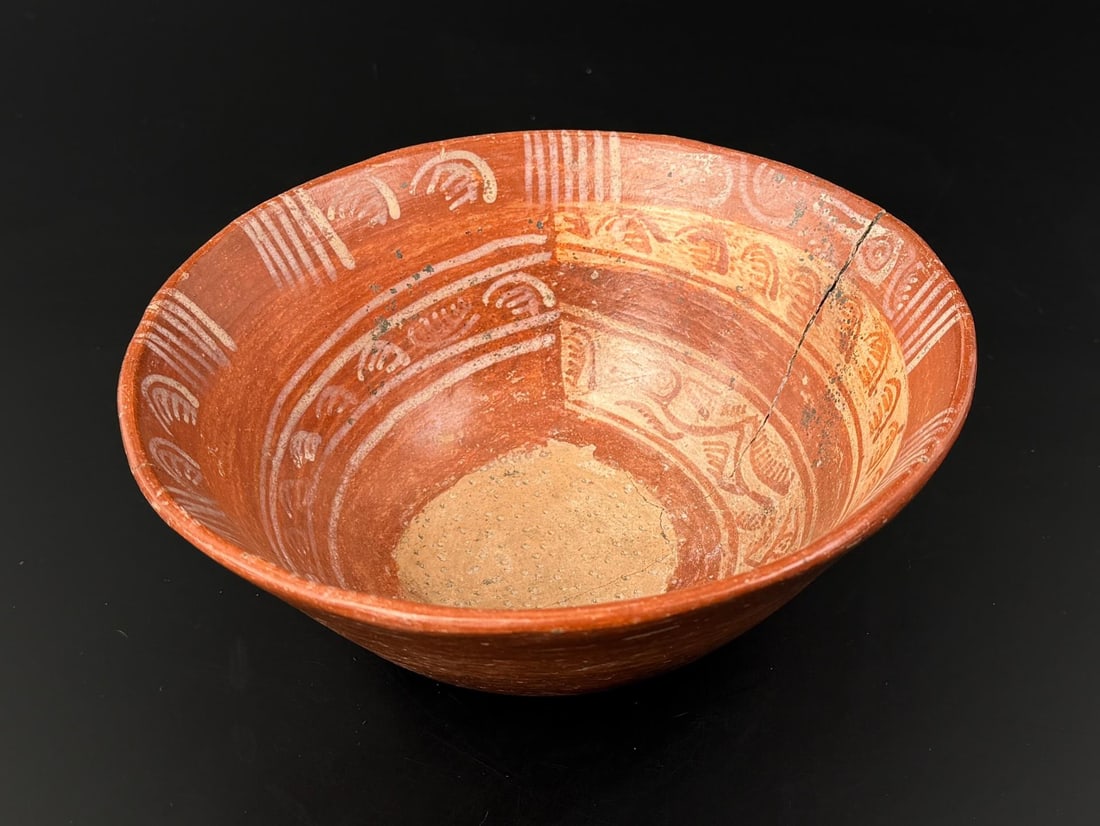 Pre Columbian Mayan Copador Pottery Bowl: Restored as shown. 8 1/2" by 7 7/8" by 3 1/4"
