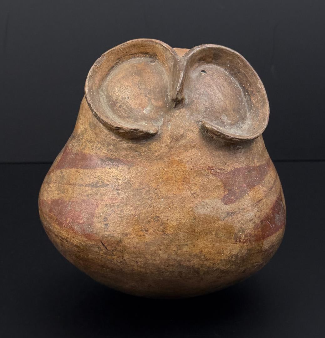 Pre Columbian Casas Grandes Owl Effigy Jar: 7 1/8" tall, 7" diameter.