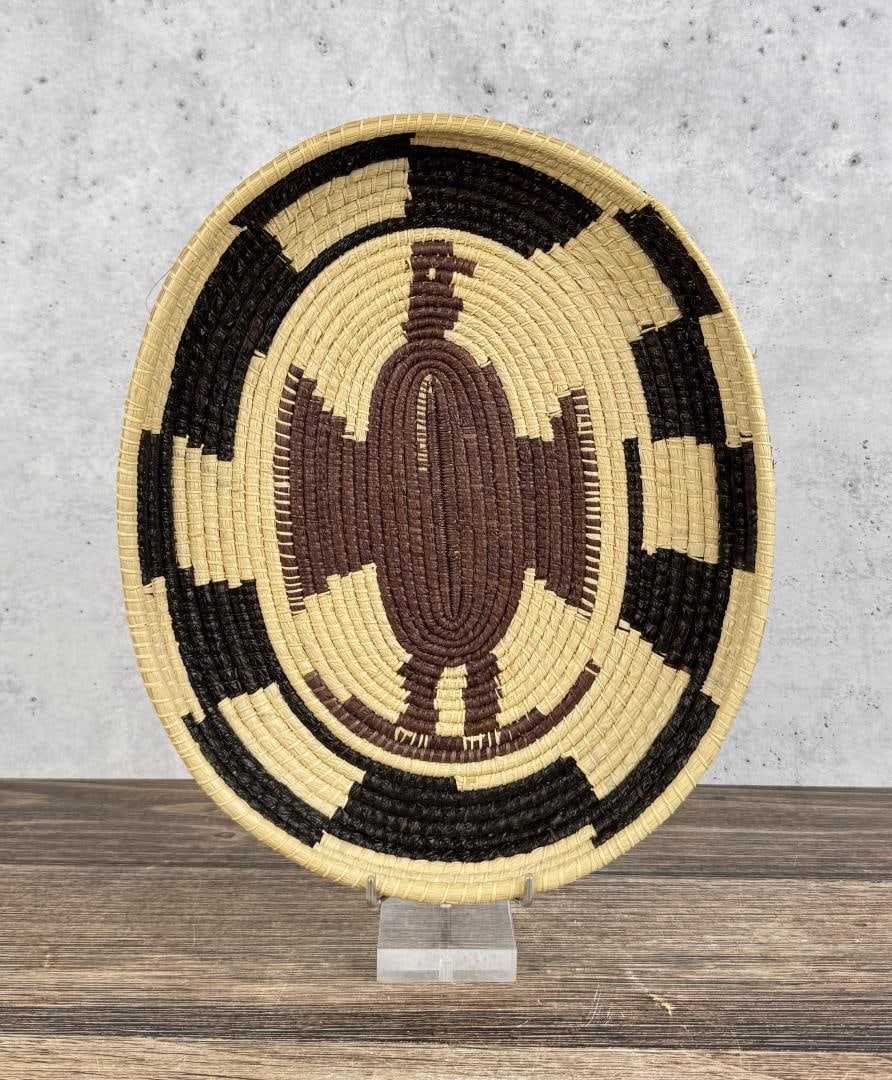 Papago Native American Indian Thunderbird Basket: 11" by 13 1/2" by 1 3/4"