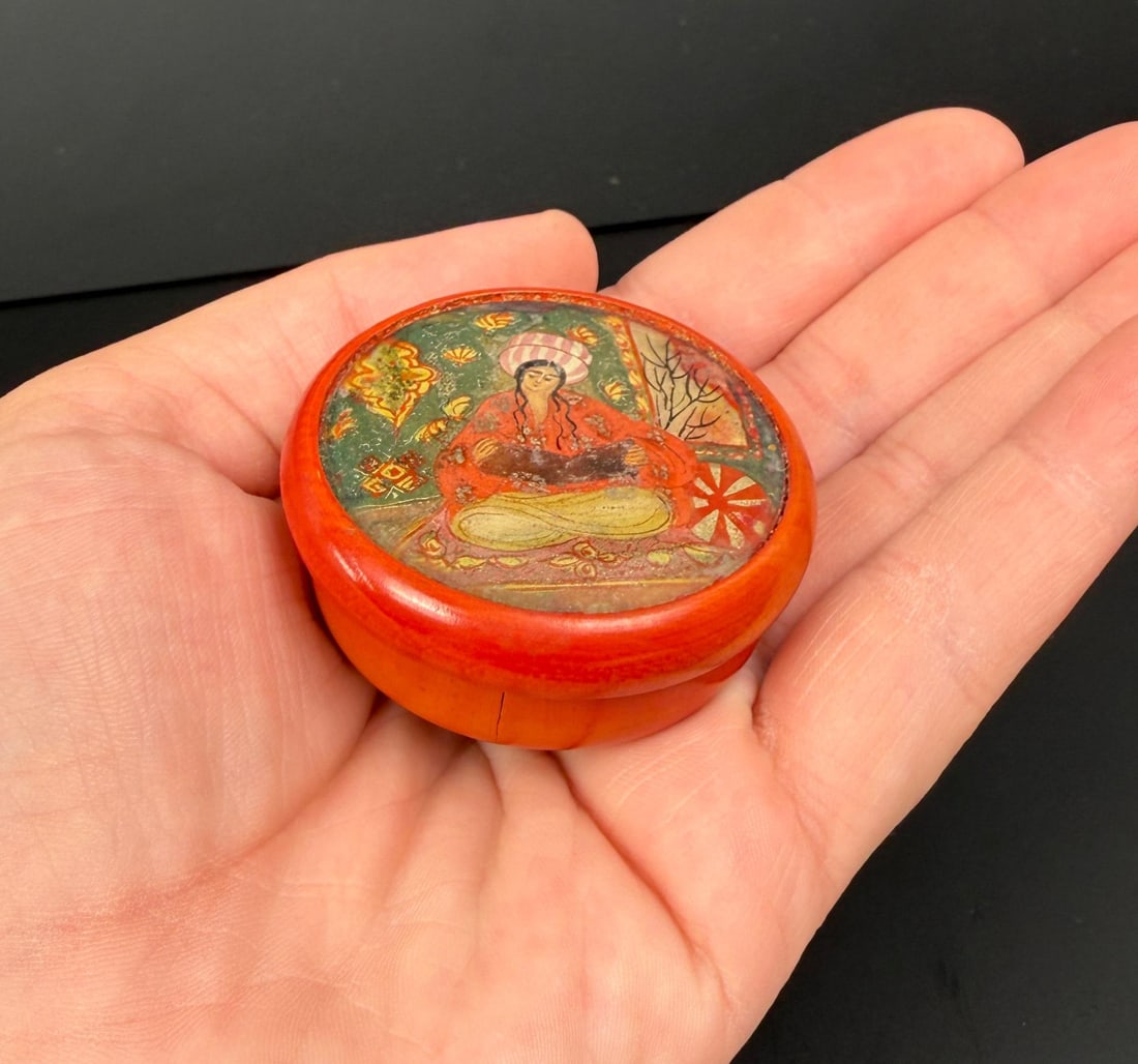Russian Palekh Fairy Tale Lacquer Box: 2" diameter, 3/4" tall.