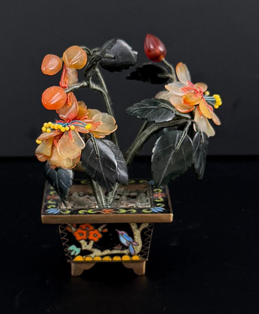 Chinese Cloisonne Jade Bonsai Tree Flowers: 3 1/2" by 2 7/8" by 1"