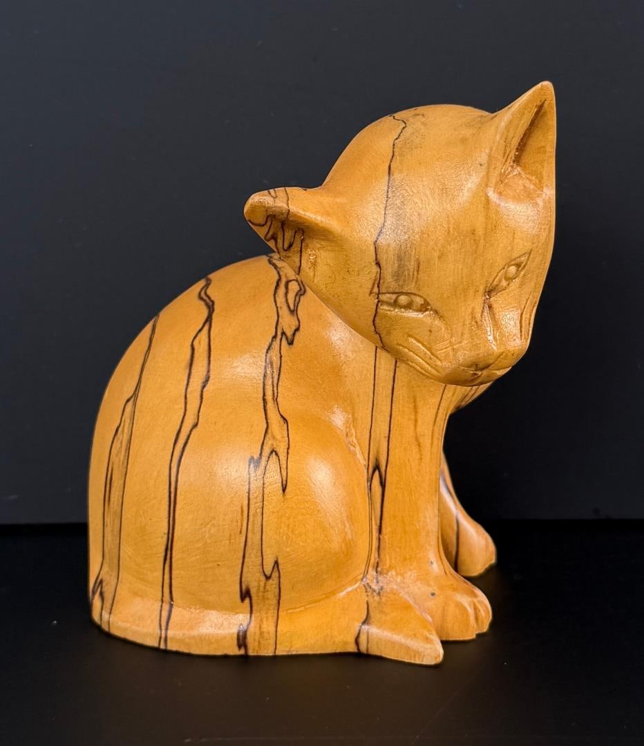 Carved Olive Wood Cat: 3 5/8" by 3" by 2 1/2"