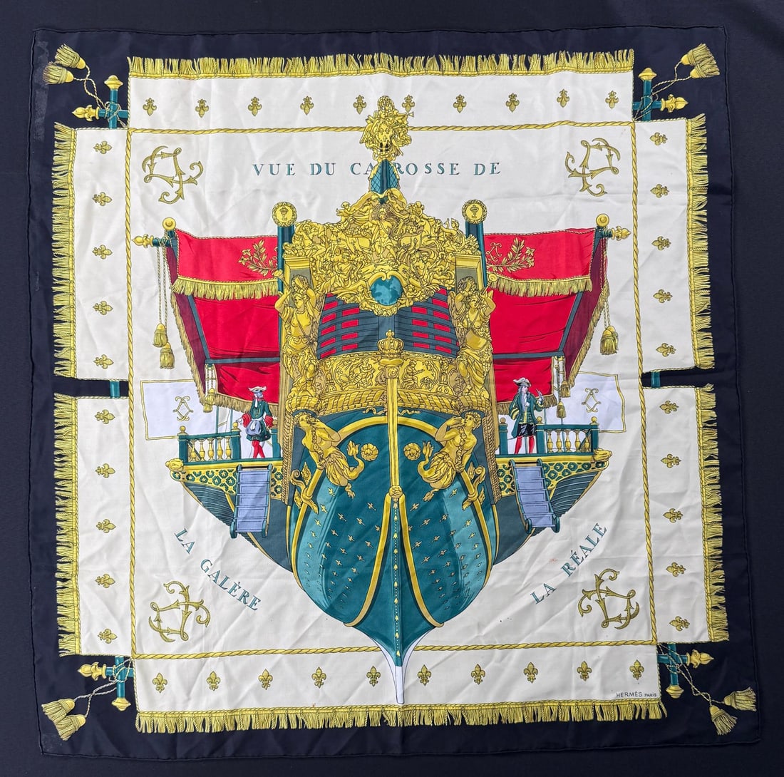 Hermes Vue du Carrosse de la Galere Silk Scarf: 34" by 34".