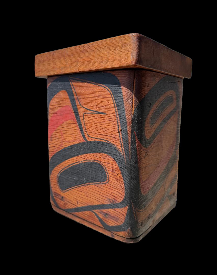 Duane Pasco Northwest Coast Carved Bentwood Box: 9 1/4" by 7 1/8" by 7". Duane Pasco (May 14, 1932 - July 31, 2024) was an American artist. He was known for his indigenous-style work and as a teacher of Northwest Coast art, in particular as a key co