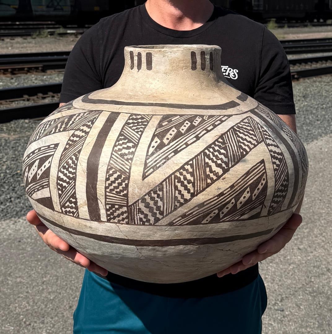 Massive Ancient Anasazi Snowflake Olla Jar: As good as it gets, you may go a lifetime before finding a better example of such a massive jar. Restoration as shown and as expected. 18 1/2" diameter, 15 1/2" tall. Provenance: Cowans Auction Sale 9