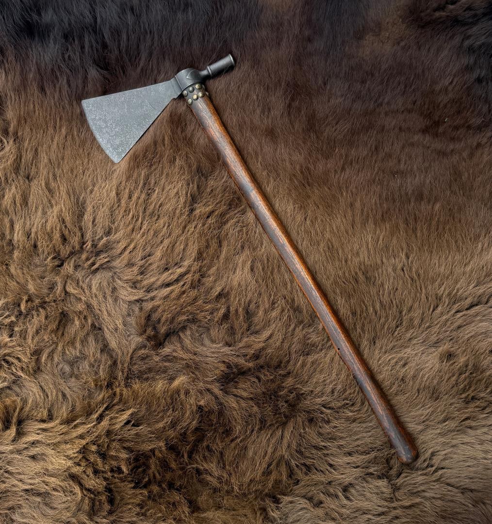 Missouri War Axe Indian Tomahawk Peace Pipe: Exceptional example of the Missouri War Axe Tomahawk. Tacked Haft. 27 1/2" long. First Quarter of the 19th Century.