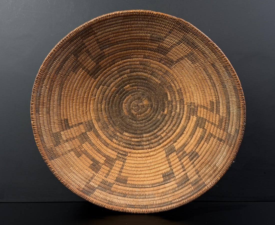Pima Native American Indian Basket: 14 1/4" diameter, 4" tall.
