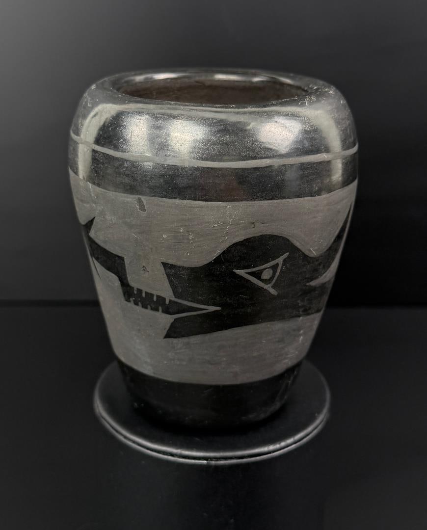 San Ildefonso Pueblo Vase Cylinder Jar: 4 1/8" tall, 3 1/2" diameter. Unsigned.