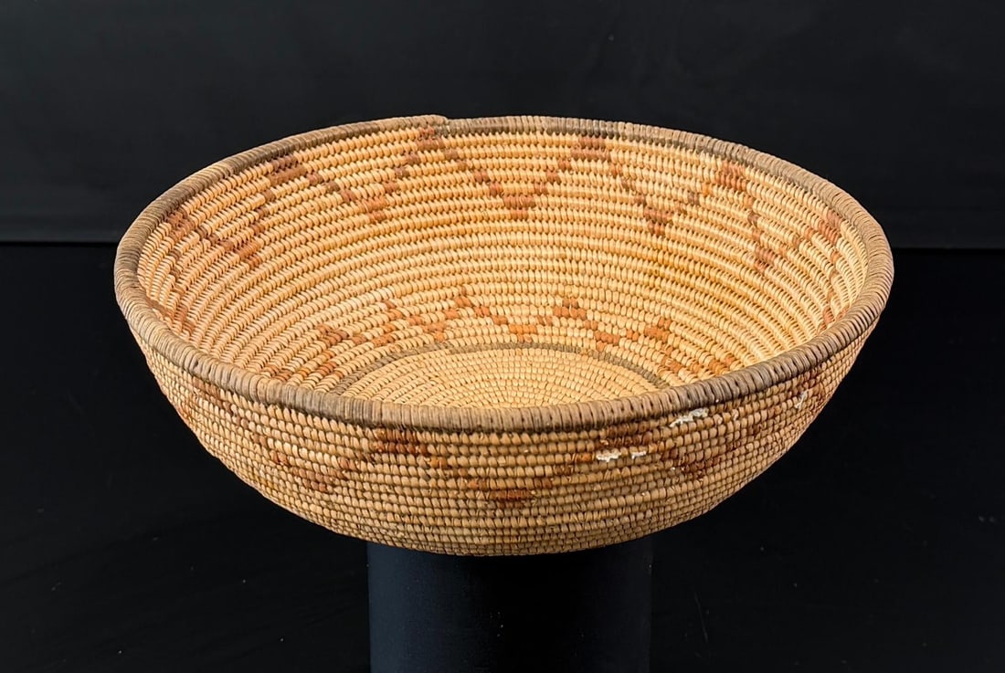 California Mission Native American Indian Basket: 8" diameter, 2 1/2" tall. Old museum number on base.