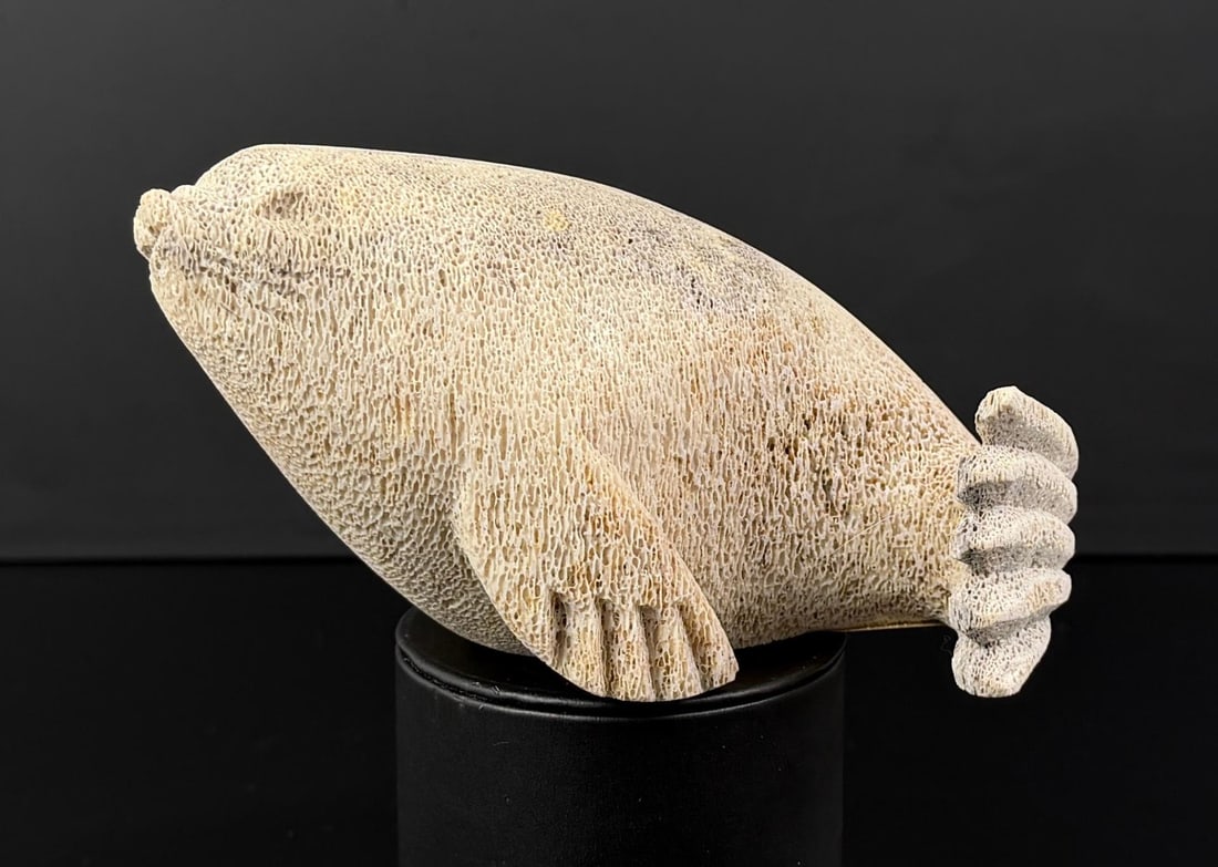 Norman Young Stagehead Whale Bone Carved Seal: 6 3/8" by 3 5/8" by 3 1/2".