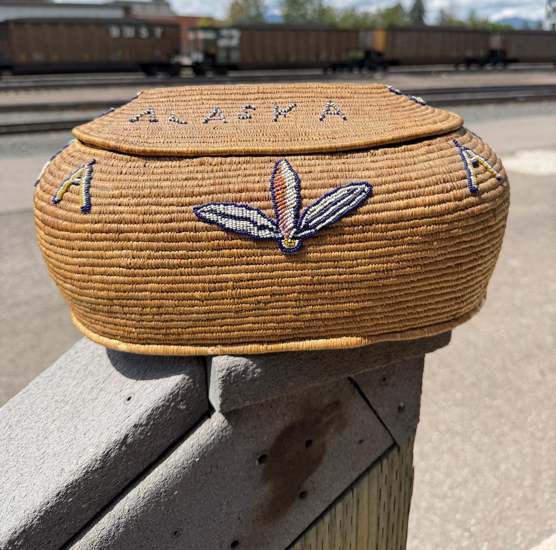 Yupik Inuit Eskimo Alaskan Beaded Basket: 13 1/2" by 8 1/2" by 6". Council City Alaska beaded pattern. Basket was likely made in the Norton Sound area. Council is a small, historic mining ghost town located 60 miles northeast of Nome,