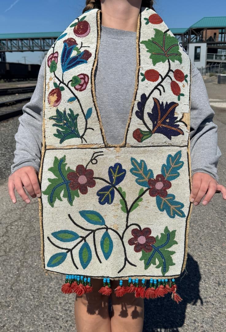 Ojibwe Native American Indian Beaded Bandolier Bag: 17" wide, 40" long. Last Quarter of the 19th Century.