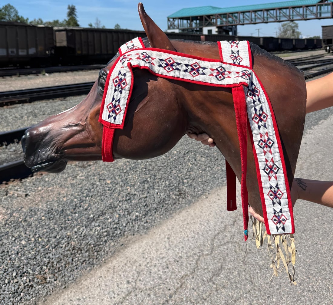 Native American Indian Beaded Headstall: 35" long not including fringe. Mid 20th Century.