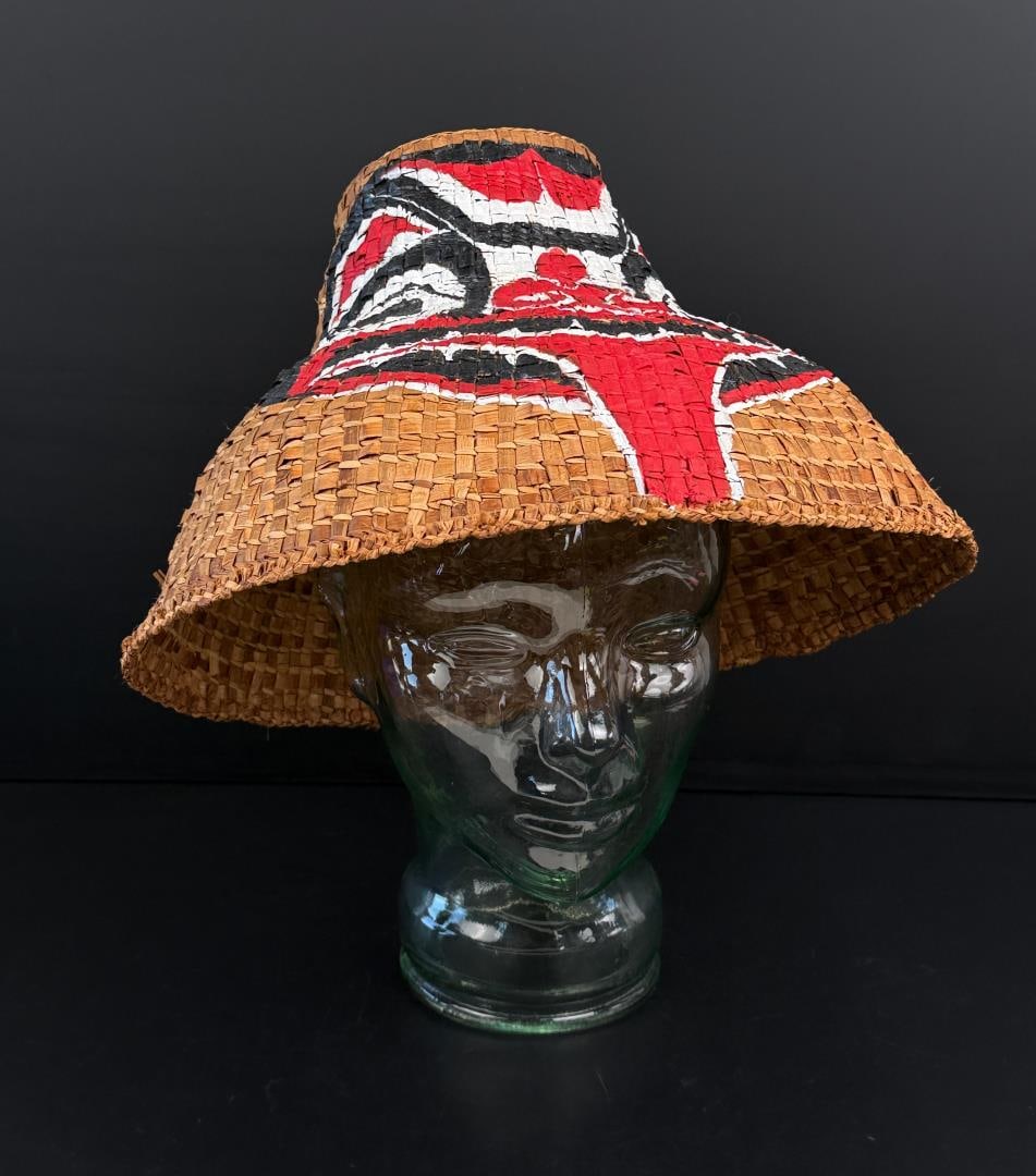 Haida Northwest Coast Indian Painted Basket Hat: 12" diameter, 7" tall.
