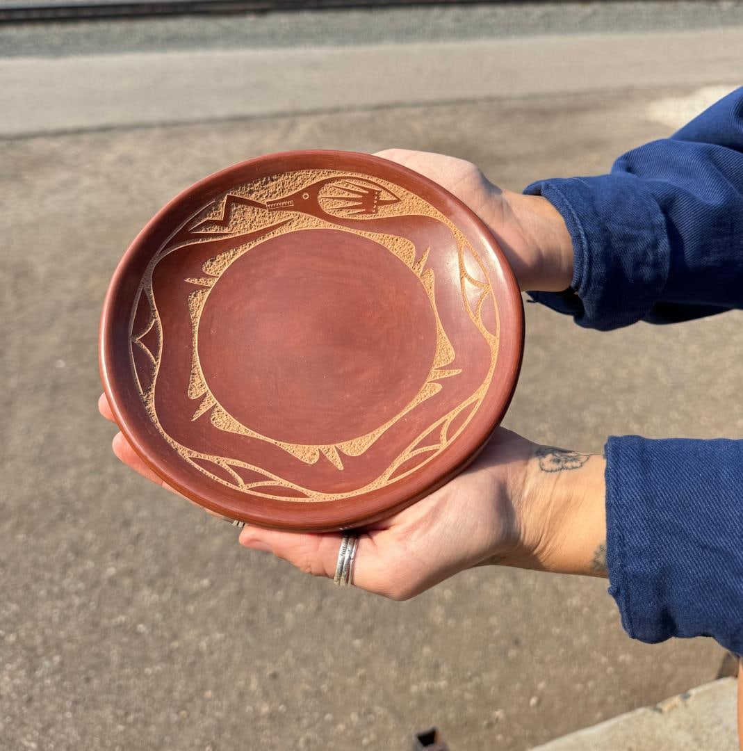 Tony Da San Ildefonso Pueblo Pottery Plate: Absolutely outstanding example of the famous Avanyu design. 6 5/8" diameter, 1 1/8" tall. Tony Da. 1940 San Ildefonso Pueblo, New Mexico - 2008 San Ildefonso Pueblo, New Mexico. Known for: Polychrome 