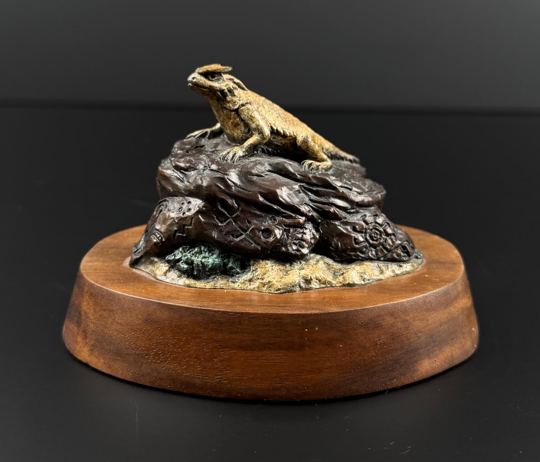 Michael Westergard Short Horned Lizard Bronze: Title is Short Horned Lizard. 2 7/8" by 4" by 4 1/2". Edition 50 of 75. Michael Westergard (20th century) was active/lived in Montana. Michael Westergard is known for Sculptor-Indian genre. "My goal i