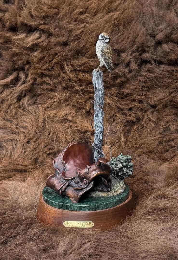 Michael Westergard The Homestead Bronze: Title is The Homestead. 7" by 7" by 12 1/4". Leg is damaged as shown. Edition 2 of 35. Includes certificate of authenticity and a personalized letter by Michael Westergard dated March 2006. Michael We