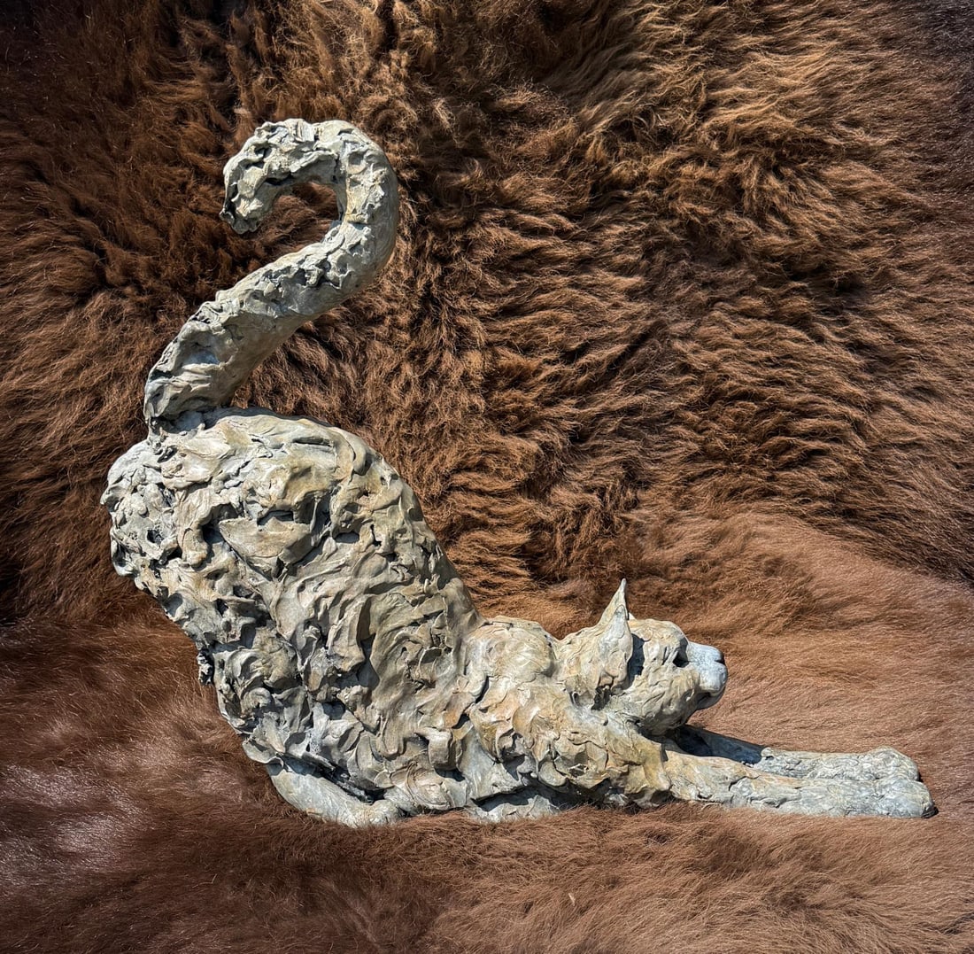 Eric Thorsen Stretching Cat Bronze: Title is Stretching Cat.1998.8 1/2" by 18 7/8" by 22 7/8". Edition 2 of 150. Eric Thorsen (Born 1967) is active/lives in Montana. Eric Thorsen is known for Sculptor-wildlife. Eric Thorsen was born in 