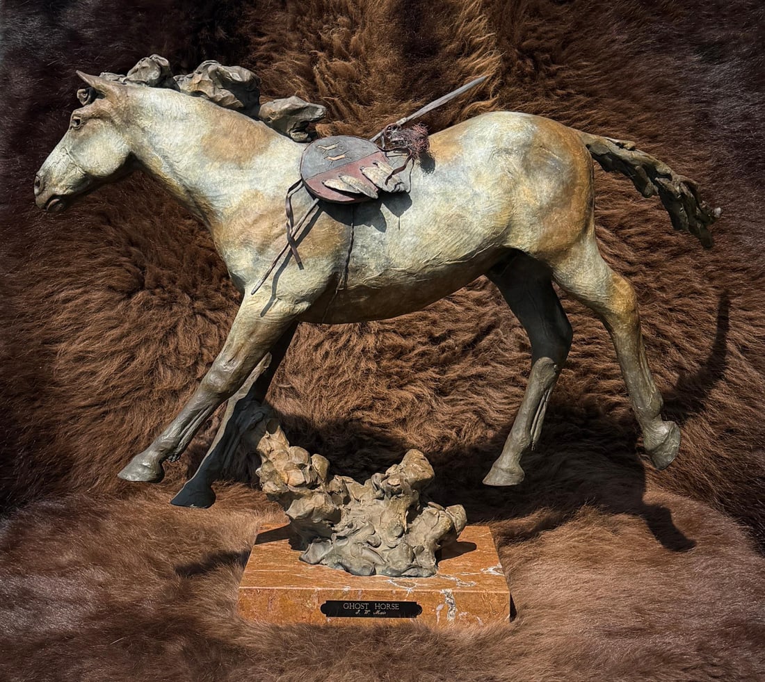 Jack Muir Ghost Horse Bronze: Title is Ghost Horse. 2016. 11" by 24" by 35 1/2". 87 pounds. Edition 12 of 36. Jack W. Muir (Born 1947) is active/lives in Montana. Jack Muir is known for Sculptor-western figure/animal. A born and r