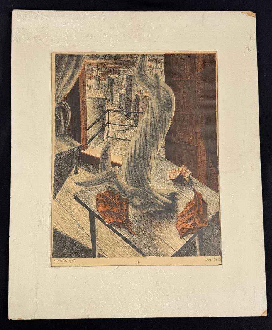 Frances Senska Nostalgia Engraving: Title is Nostalgia. 18" by 22" in matte. Frances Senska (1914 - 2009) was active/lived in Montana. Frances Senska is known for Pottery, ceramics, printmaker.