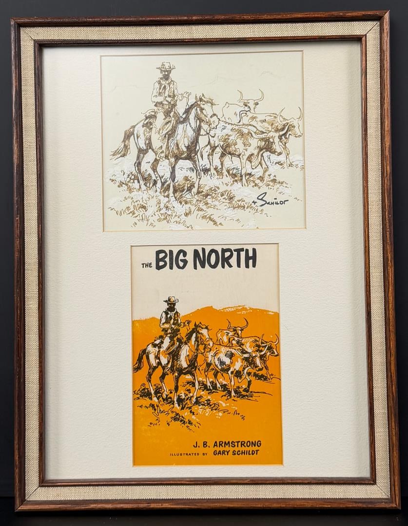 Gary Schildt Drawing for The Big North: Title is Drawing as Illustrated in The Big North by J.B. Armstrong. 7" by 9" unframed. 13 1/2" by 17 1/2" framed. Pen and Ink on Paper. Gary Joseph (Lone Bull) Schildt (Born 1938) is active/lives in O